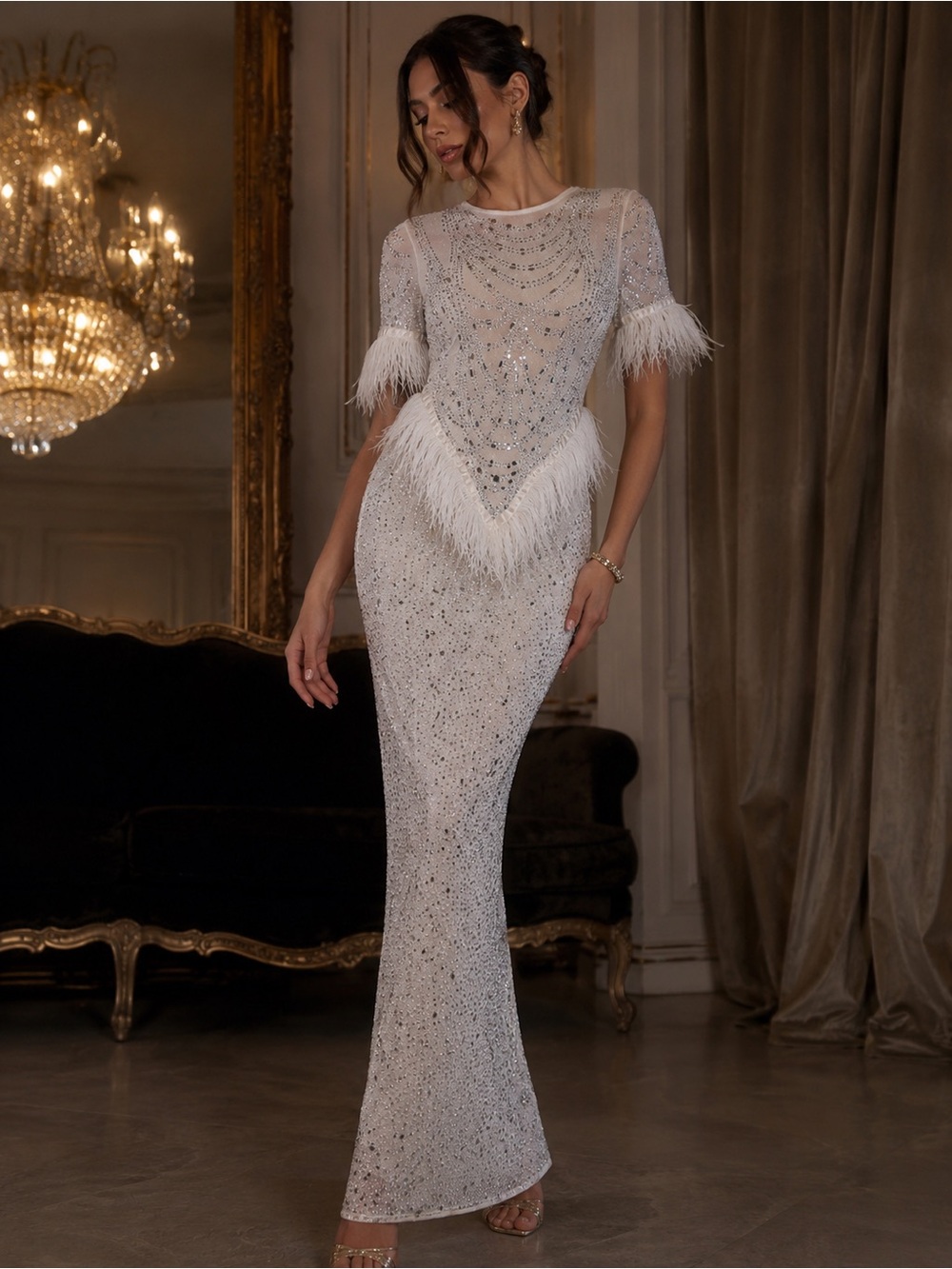 Banjul White Beaded Feather-Trim Maxi Gown